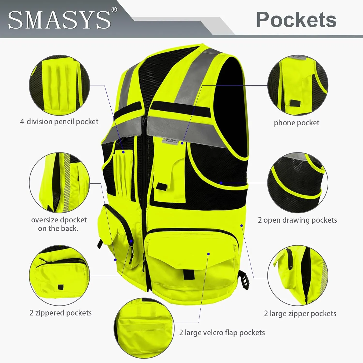 SMASYS Hi Vis Safety Vest with 3M Reflective Tape, knitted and Oxford Fabric with Pockets,Multifunction Construction Workwear