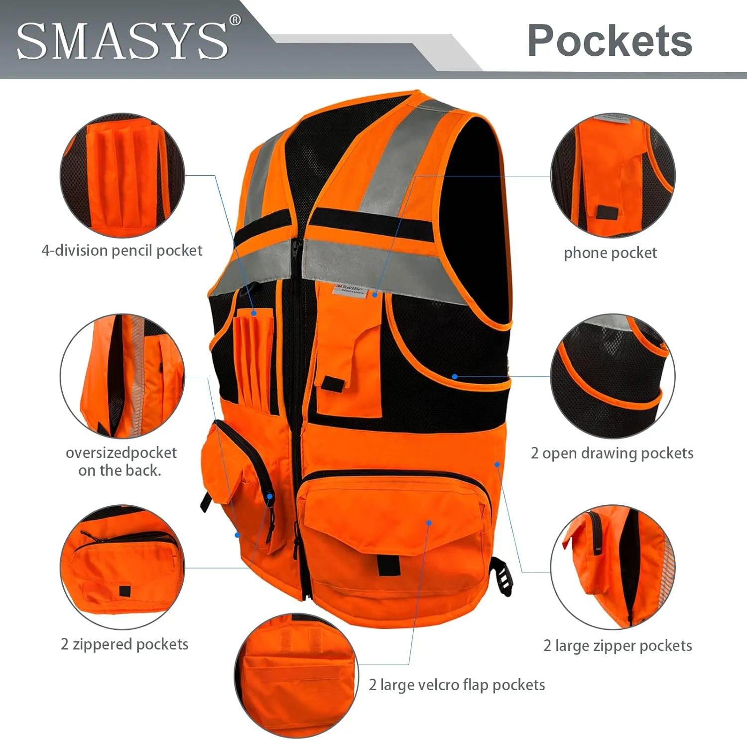 SMASYS Hi Vis Safety Vest with 3M Reflective Tape, knitted and Oxford Fabric with Pockets,Multifunction Construction Workwear