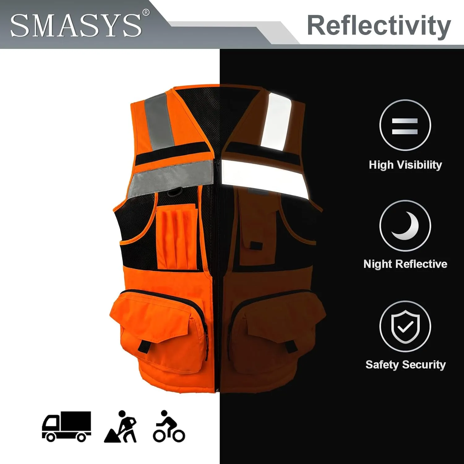 SMASYS Hi Vis Safety Vest with 3M Reflective Tape, knitted and Oxford Fabric with Pockets,Multifunction Construction Workwear