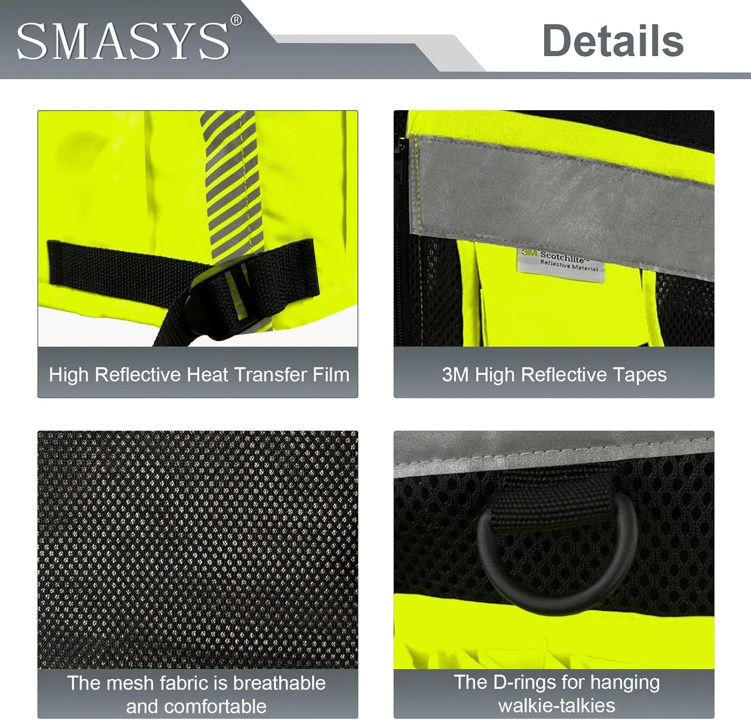 SMASYS Hi Vis Safety Vest with 3M Reflective Tape, knitted and Oxford Fabric with Pockets,Multifunction Construction Workwear