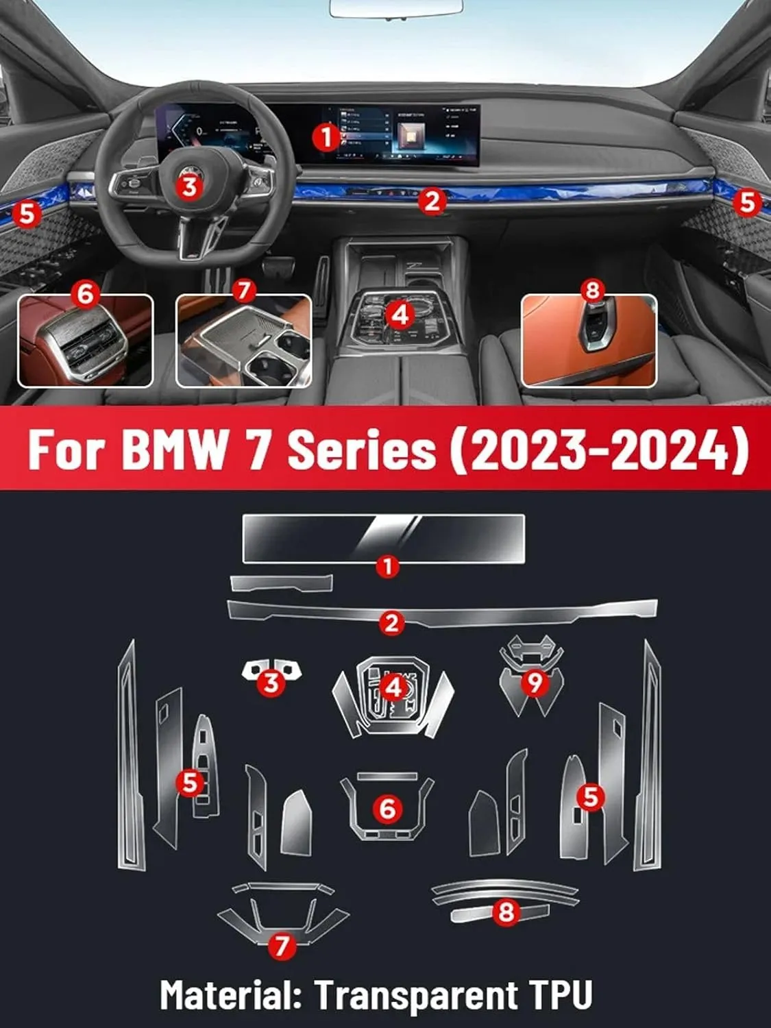 SPANN Car Interior Central Console Screen Gear Panel Navigation TPU Protective Film,Fit For BMW 7 Series G70 2023 2024