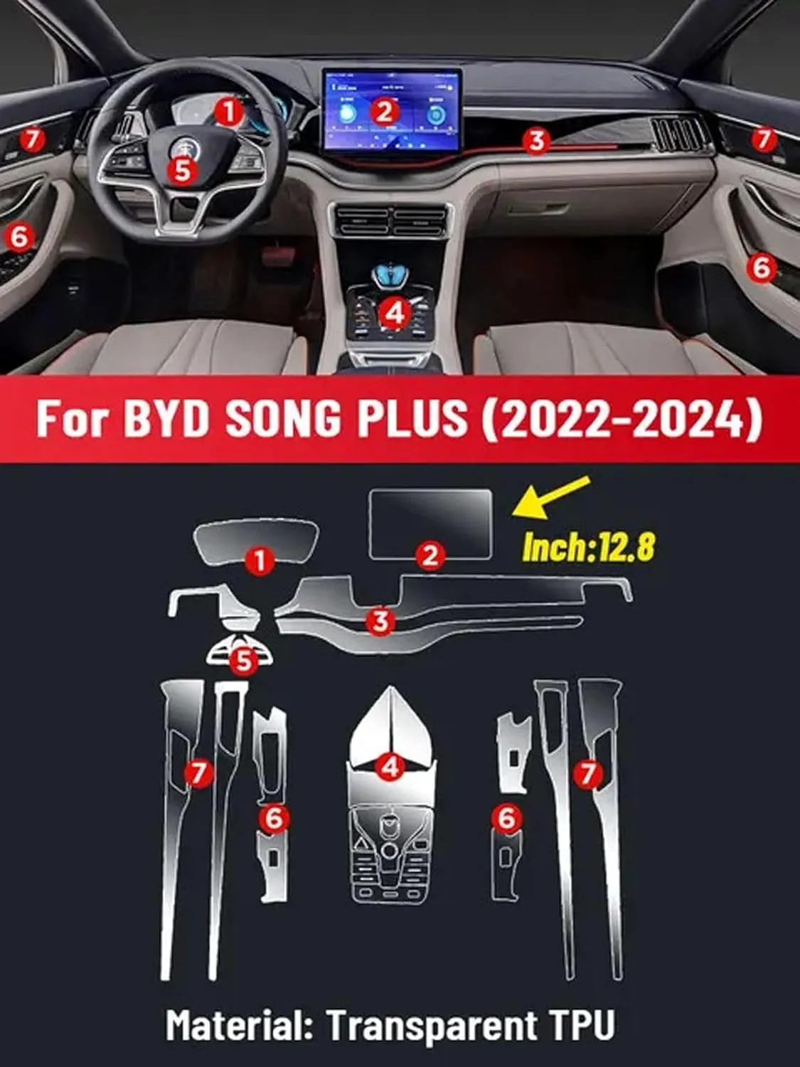 SPANN Car Interior Central Console Screen Gear Panel Navigation TPU Protective Film,Fit For BYD SONG PLUS 2022-2024 Accessories