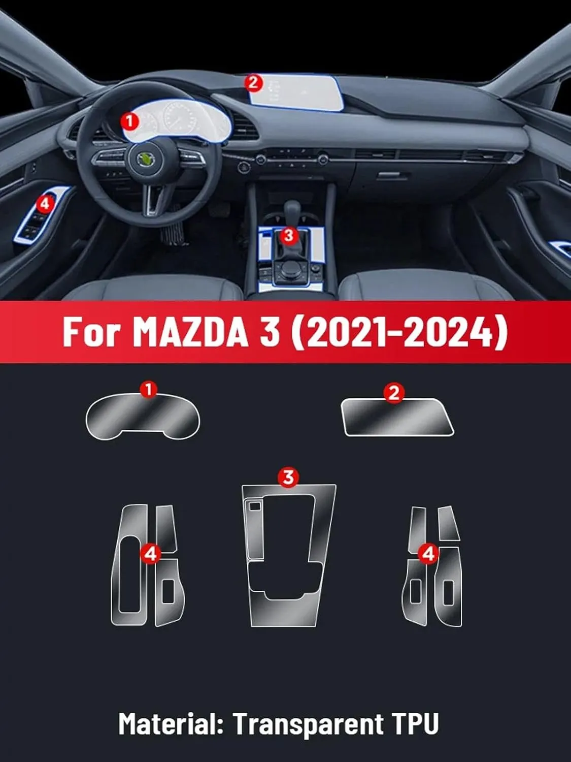 SPANN Car Interior Central Console Screen Gear Panel Navigation TPU Protective Film,Fit For MAZDA 3 2020-2024 Accessories