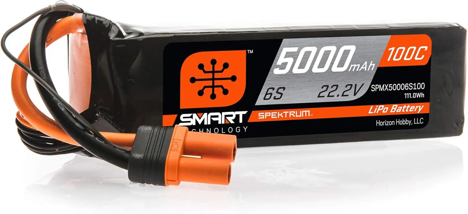Spektrum Smart RC LiPo Battery Pack: 5000mAh 6S 22.2V 100C, IC5 Connectors (EC5 Compatible), SPMX50006S100, Black