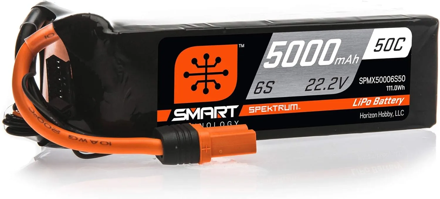 Spektrum Smart RC LiPo Battery Pack: 5000mAh 6S 22.2V 50C, IC5 Connectors (EC5 Compatible), SPMX50006S50, Black