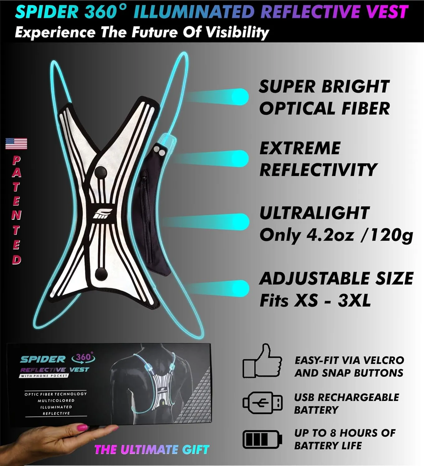 SPIDER Reflective Lighted Running Vest - Optic Fiber Technology, Bright, 360° Visible, Ultralight, Phone Pocket, Fully Adjustable Size XS-3XL - Reflective Running Gear for Safe Night Sports & Walking