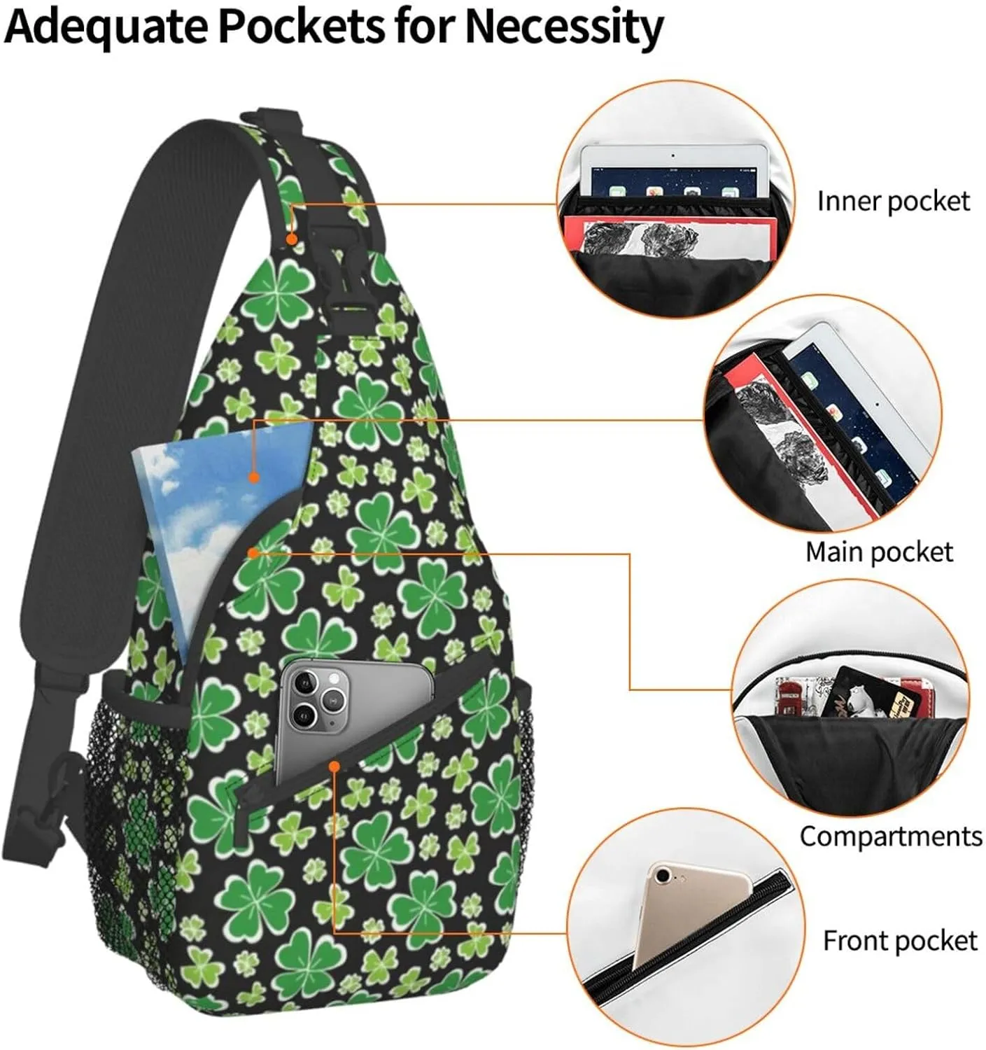 St. Patrick's Day Green Clover Sling Bag,Fashion Crossbody Backpack Shoulder Bag Chest Bag for Men Women