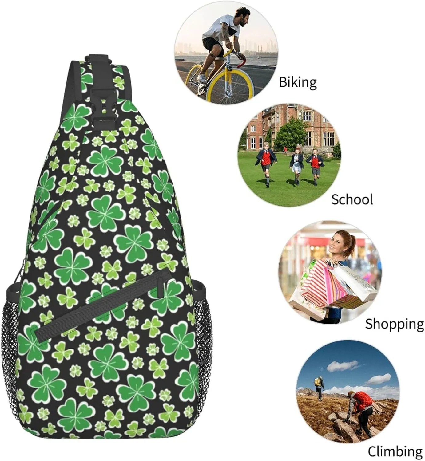 St. Patrick's Day Green Clover Sling Bag,Fashion Crossbody Backpack Shoulder Bag Chest Bag for Men Women