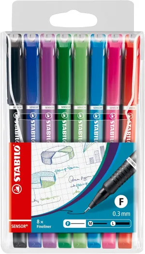 STABILO Fineliner with Cushioned F-Tip SENSOR F - Pack of 8, Assorted Colors, .3mm Fine Tip