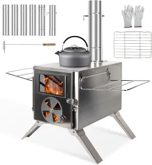 Stainless Steel Hot Tent Stove - Wood Burning Stove with 6 Chimney Pipes for Tents, Camping, Fishing & Hunting - Portable Outdoor Heating & Cooking