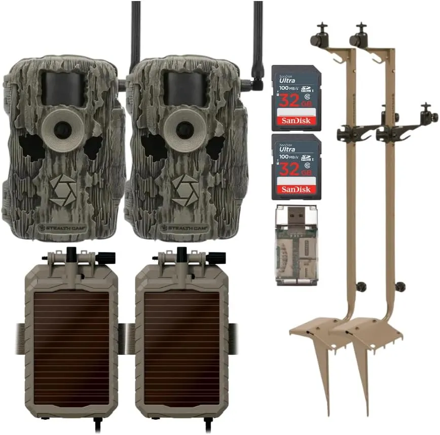 Stealth Cam 36MP Fusion Max Cellular Trail Camera with Infrared Flash (2-Pack) Bundle with Solar Power Panel (2-Pack), Mounting Post (2-Pack), 32GB Memory Card (2-Pack), and Card Reader (9 Items)