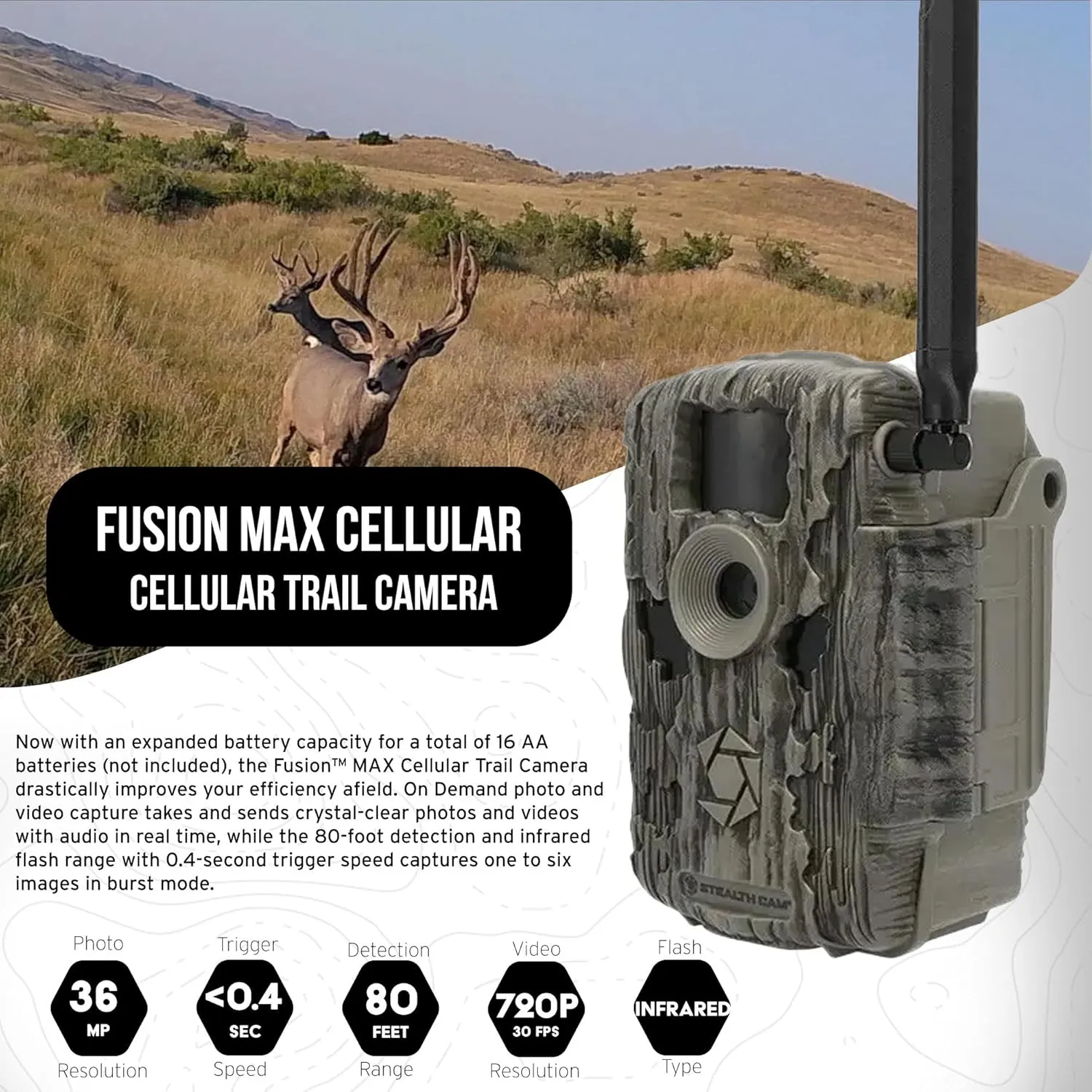 Stealth Cam 36MP Fusion Max Cellular Trail Camera with Infrared Flash (2-Pack) Bundle with Solar Power Panel (2-Pack), Mounting Post (2-Pack), 32GB Memory Card (2-Pack), and Card Reader (9 Items)