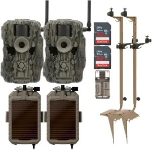 Stealth Cam 36MP Fusion Max Cellular Trail Camera with Infrared Flash (2-Pack) Bundle with Solar Power Panel (2-Pack), Mounting Post (2-Pack), 32GB Memory Card (2-Pack), and Card Reader (9 Items)