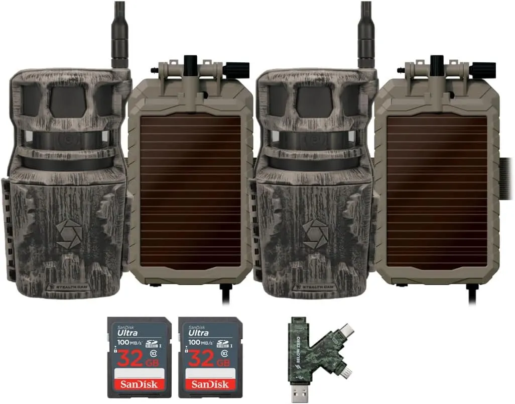 Stealth Cam Revolver 40MP Pro 360 Degree Cellular Trail Camera (2-Pack) Bundle with Sol-Pak Solar Battery (2-Pack), 32GB Ultra SDHC UHS-I Memory Card (2-Pack), and SD USB 2.0 Card Reader (7 Items)