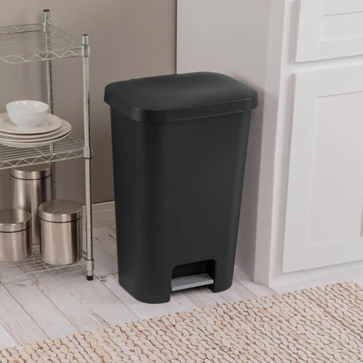 Sterilite 11.9 Gallon Rectangular Step On Kitchen Plastic Indoor Wastebasket with Wide Opening Lid and Comfort Handle for Home, Black (4 Pack)