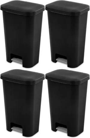 Sterilite 11.9 Gallon Rectangular Step On Kitchen Plastic Indoor Wastebasket with Wide Opening Lid and Comfort Handle for Home, Black (4 Pack)