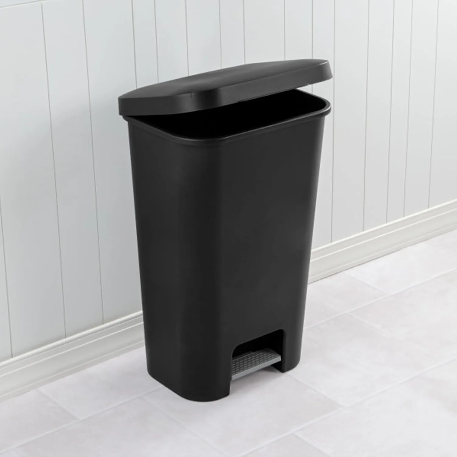 Sterilite 11.9 Gallon Rectangular Step On Kitchen Plastic Indoor Wastebasket with Wide Opening Lid and Comfort Handle for Home, Black (4 Pack)