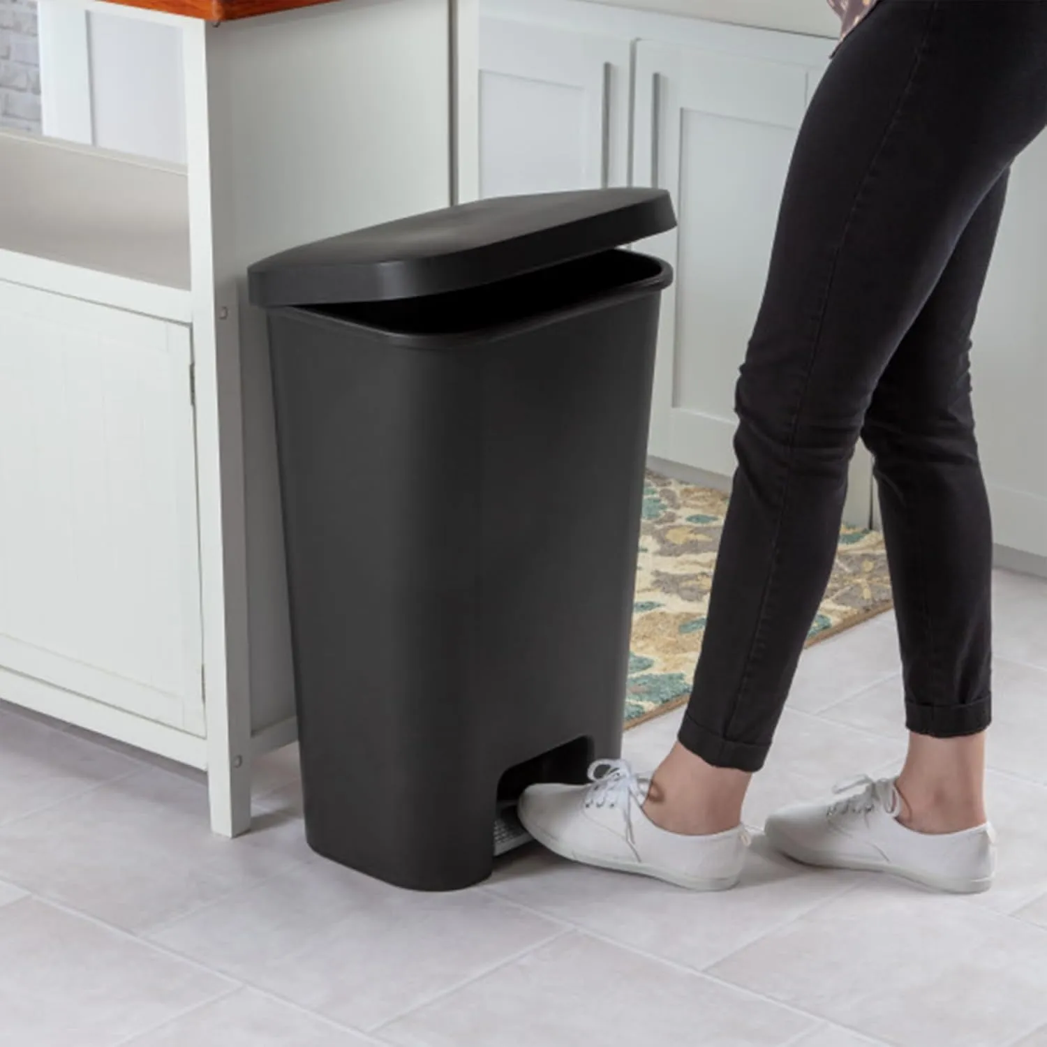 Sterilite 11.9 Gallon Rectangular Step On Kitchen Plastic Indoor Wastebasket with Wide Opening Lid and Comfort Handle for Home, Black (4 Pack)