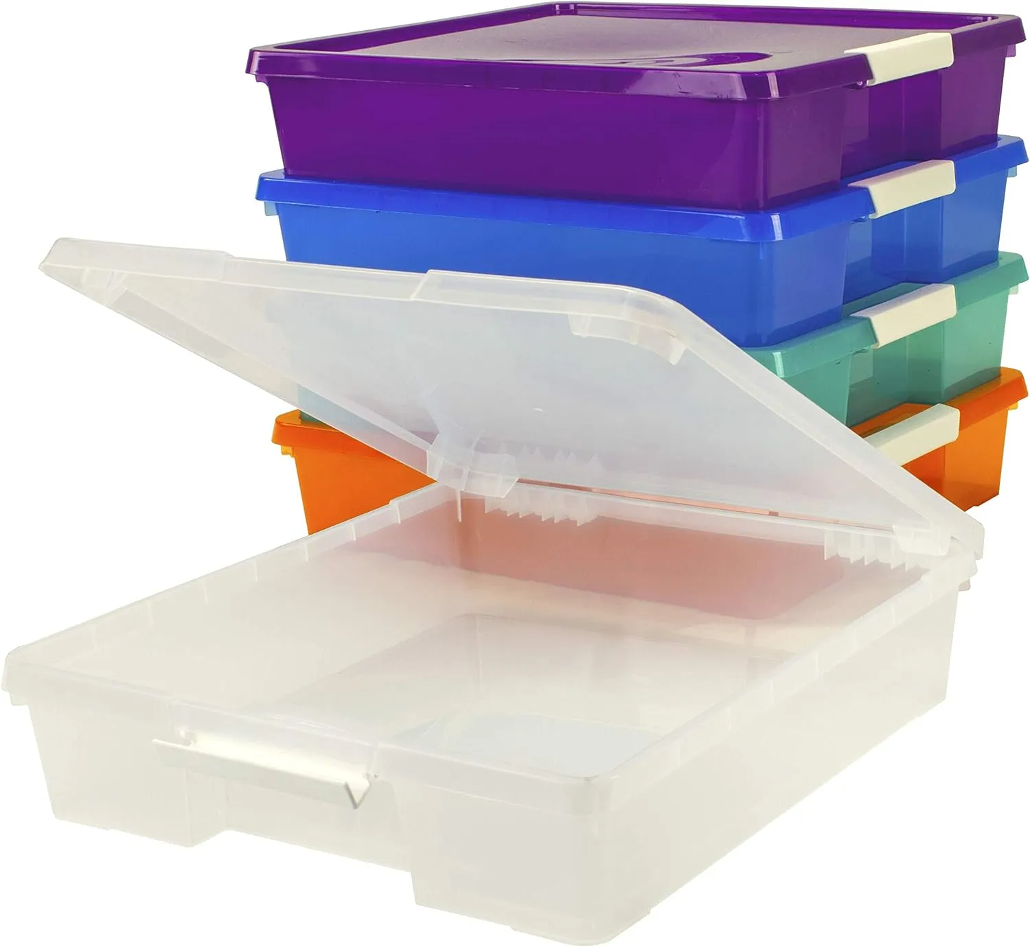 Storex Classroom Student Project Box, Plastic, 15.25 x 13.25 x 3.25 inches , Assorted Tints, 5-Pack (63202U05C), standard sized