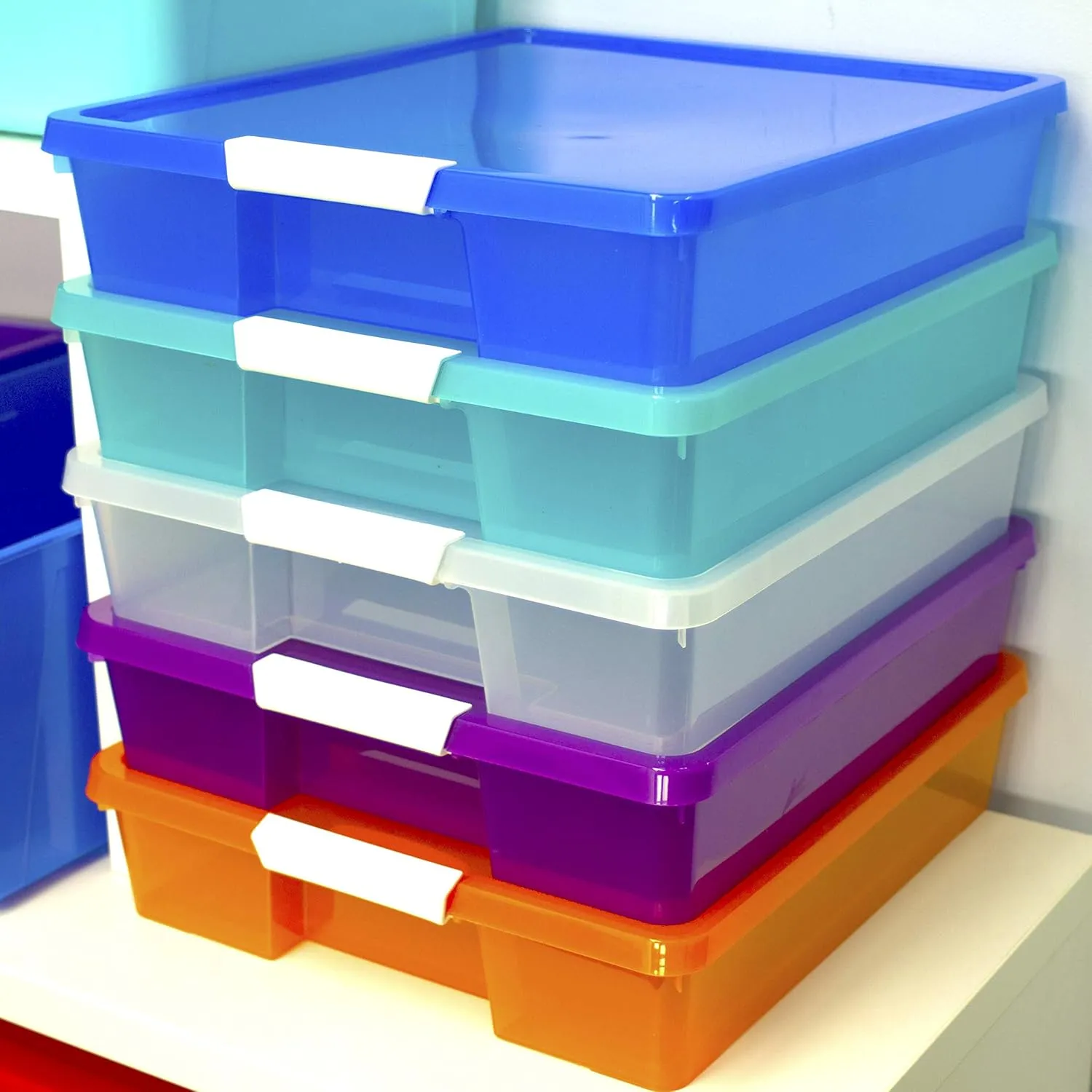 Storex Classroom Student Project Box, Plastic, 15.25 x 13.25 x 3.25 inches , Assorted Tints, 5-Pack (63202U05C), standard sized