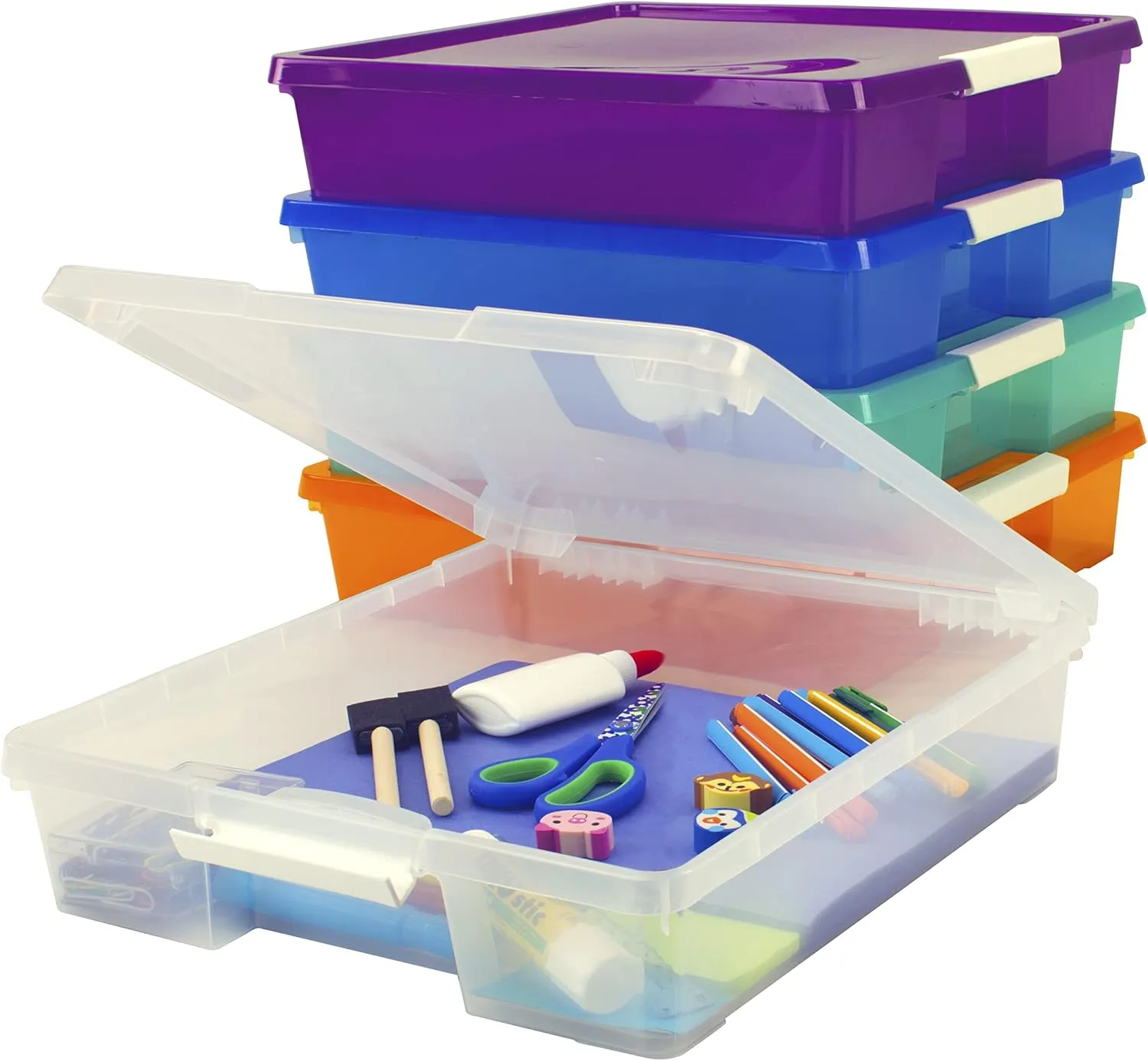 Storex Classroom Student Project Box, Plastic, 15.25 x 13.25 x 3.25 inches , Assorted Tints, 5-Pack (63202U05C), standard sized