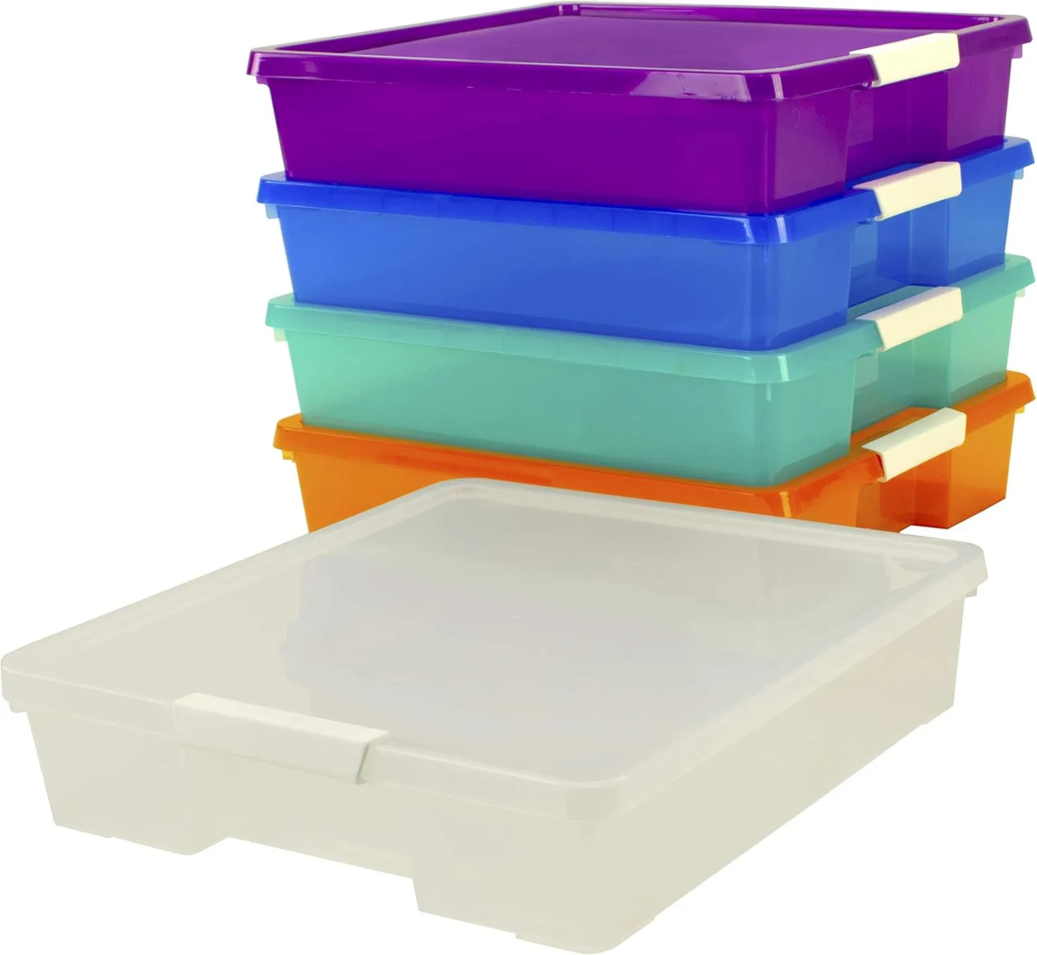 Storex Classroom Student Project Box, Plastic, 15.25 x 13.25 x 3.25 inches , Assorted Tints, 5-Pack (63202U05C), standard sized
