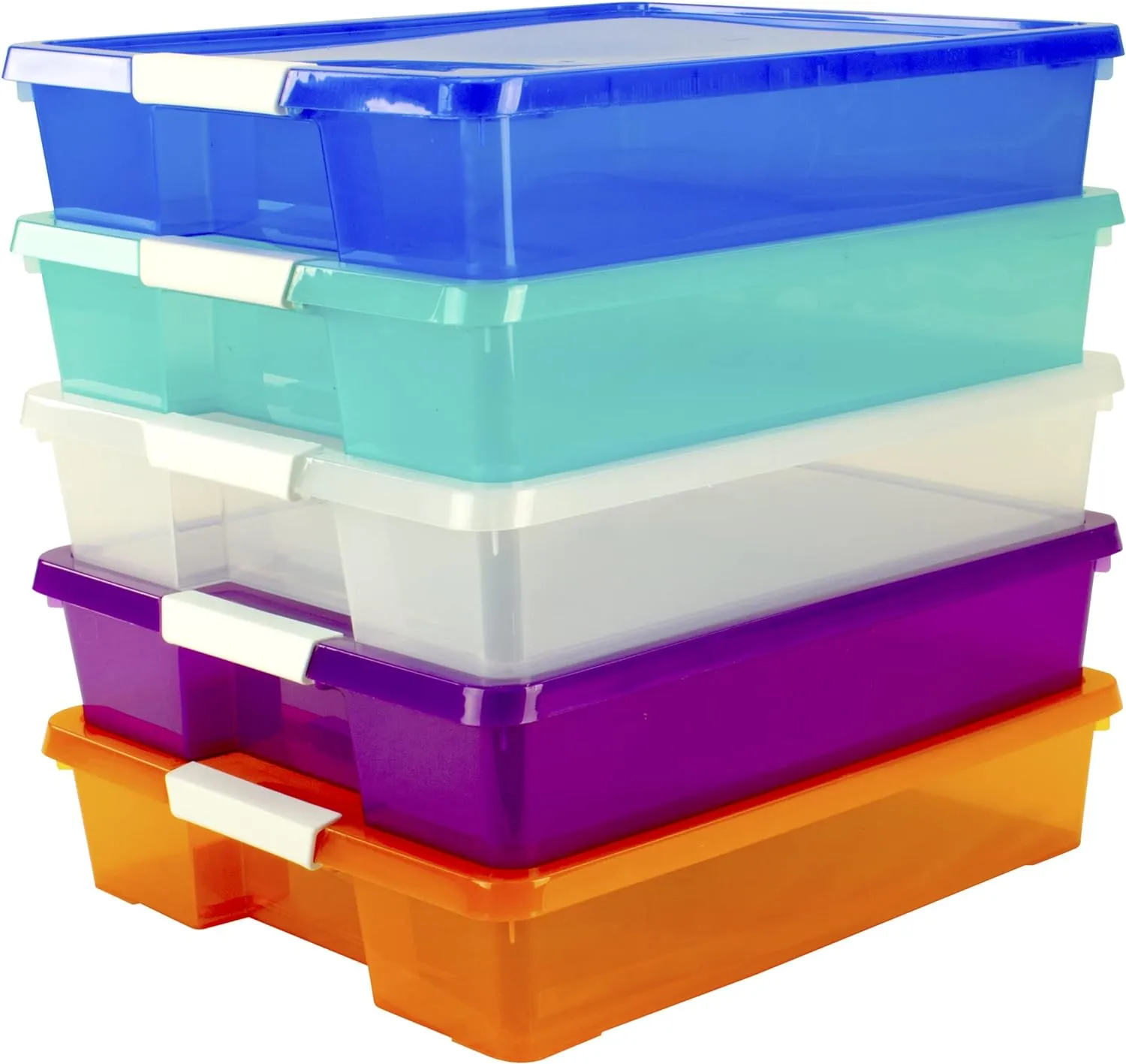Storex Classroom Student Project Box, Plastic, 15.25 x 13.25 x 3.25 inches , Assorted Tints, 5-Pack (63202U05C), standard sized