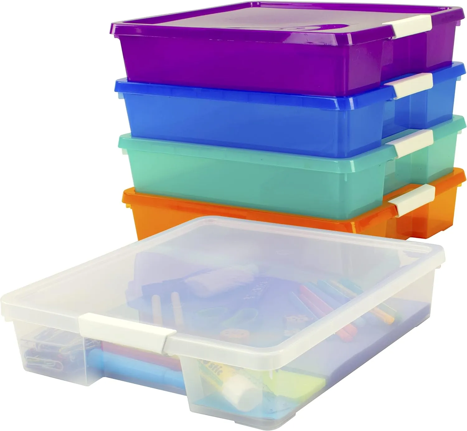 Storex Classroom Student Project Box, Plastic, 15.25 x 13.25 x 3.25 inches , Assorted Tints, 5-Pack (63202U05C), standard sized