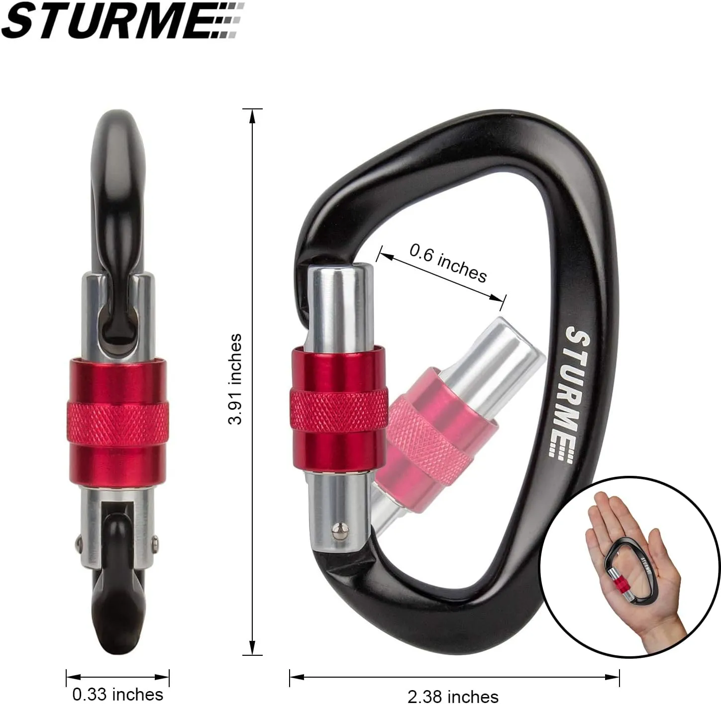STURME UIAA Certified Climbing Carabiner Clips, 2 Pack 25KN(5623lbs) Screwgate Locking Carabiner Heavy Duty Caribeener Clips, Large Carabiner D Ring for Rock Climbing & Mountaineering