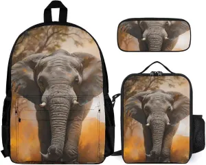 Supdreamc 3 Piece Backpack Sets, African Elephant Carry On Bag Lunch Bag Pencil Case, College Bookbag, Travel Hiking Daypack Computer Bag, One Size