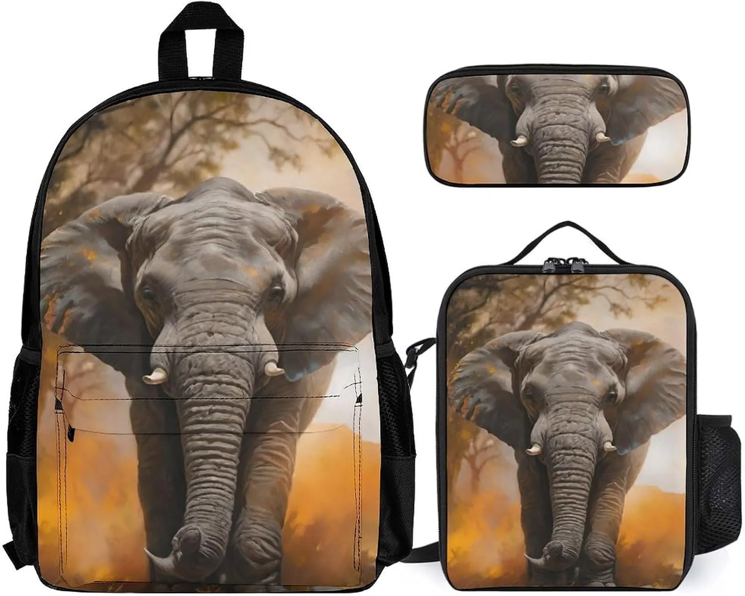 Supdreamc 3 Piece Backpack Sets, African Elephant Carry On Bag Lunch Bag Pencil Case, College Bookbag, Travel Hiking Daypack Computer Bag, One Size