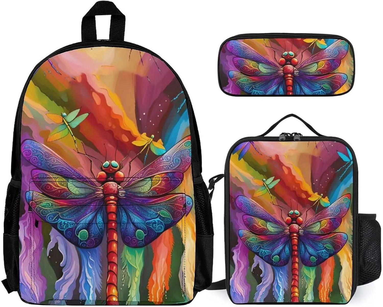 Supdreamc 3 Piece College Daypack, Large Capacity Daypack for Gym Travel Running, A Vibrant Dragonfly Colorful World Art Travel Hiking Backpack for Adults   Lunch Bag   Pencil Bag