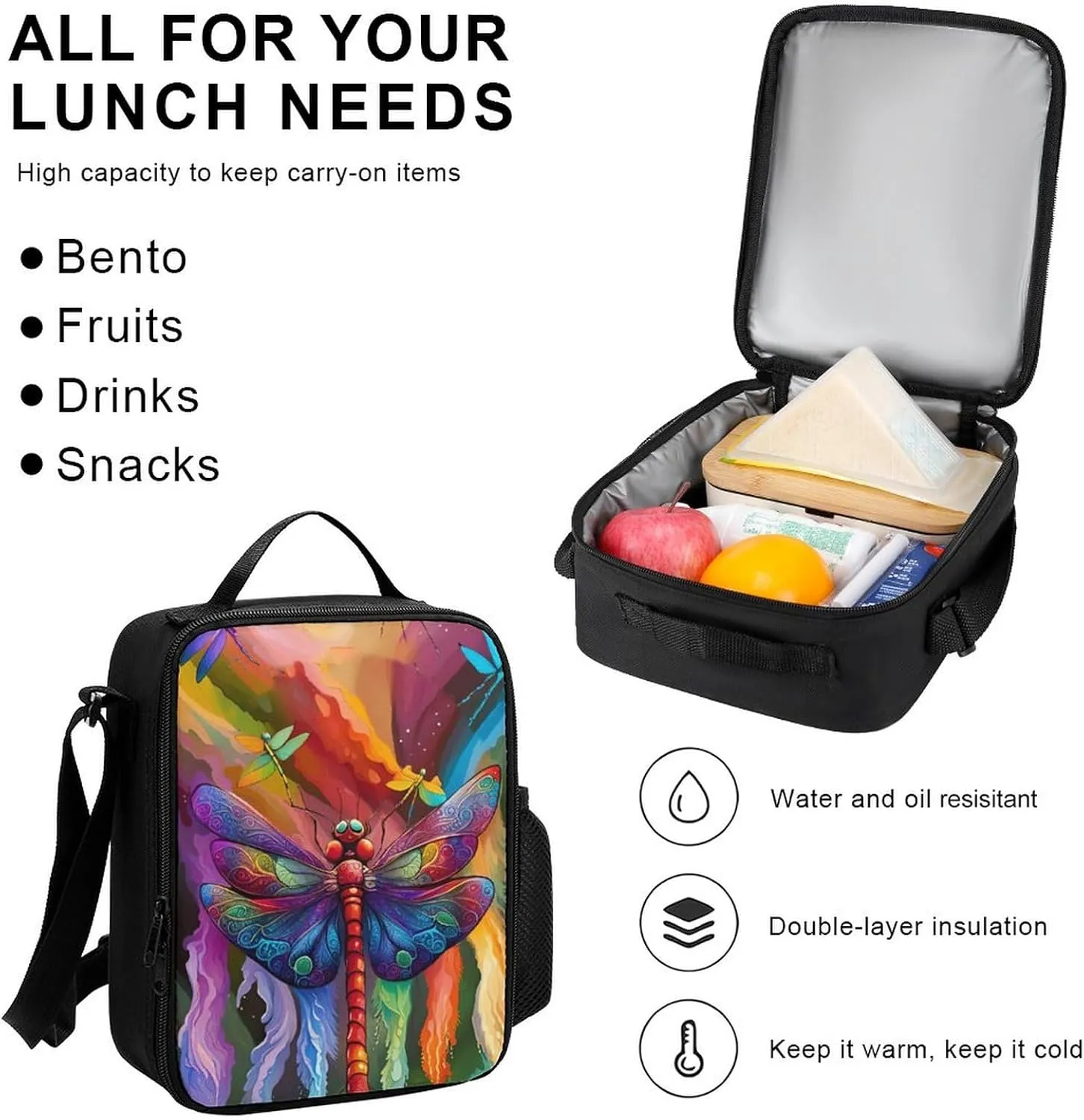 Supdreamc 3 Piece College Daypack, Large Capacity Daypack for Gym Travel Running, A Vibrant Dragonfly Colorful World Art Travel Hiking Backpack for Adults   Lunch Bag   Pencil Bag