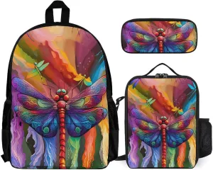 Supdreamc 3 Piece College Daypack, Large Capacity Daypack for Gym Travel Running, A Vibrant Dragonfly Colorful World Art Travel Hiking Backpack for Adults   Lunch Bag   Pencil Bag
