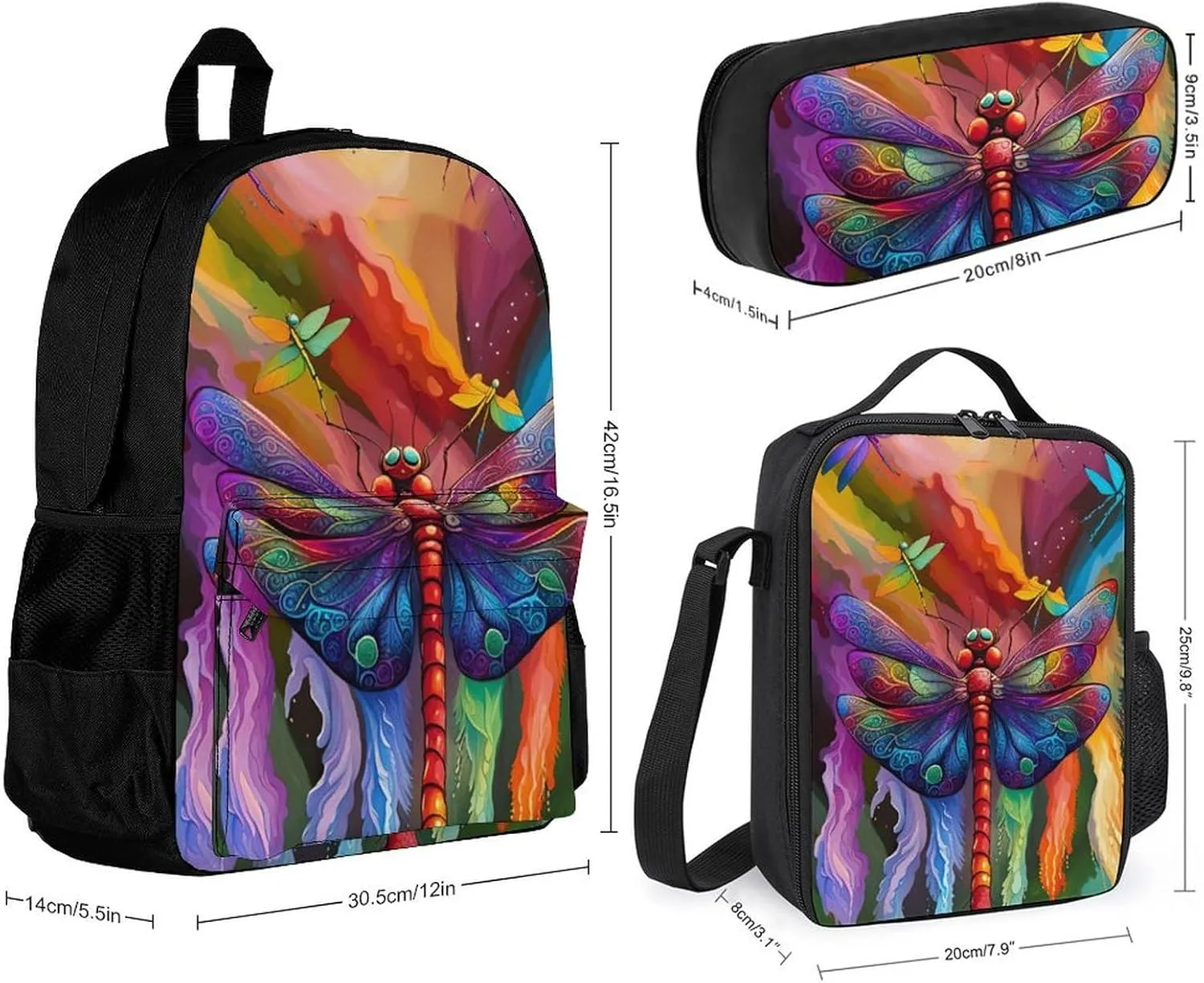 Supdreamc 3 Piece College Daypack, Large Capacity Daypack for Gym Travel Running, A Vibrant Dragonfly Colorful World Art Travel Hiking Backpack for Adults   Lunch Bag   Pencil Bag