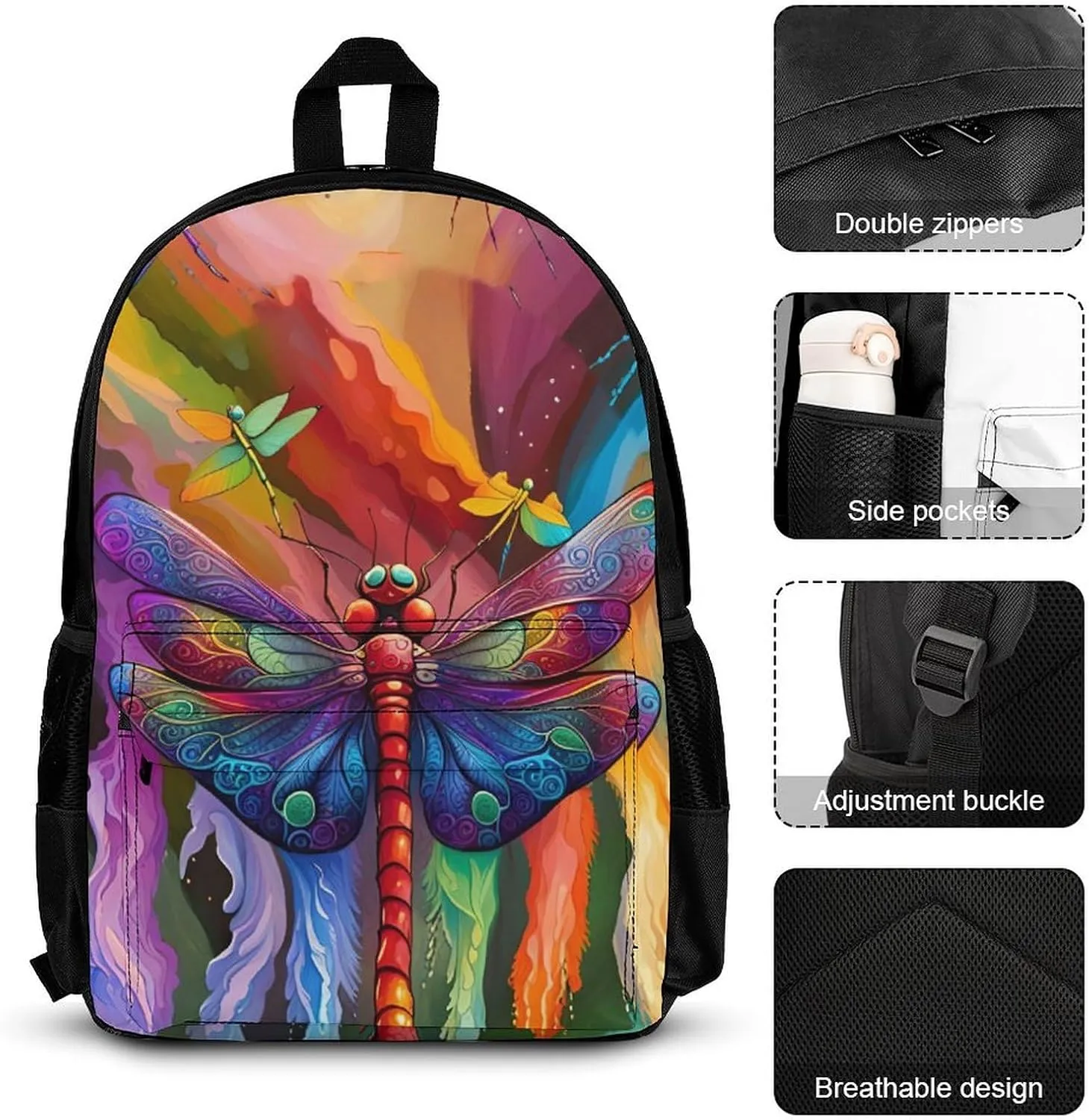 Supdreamc 3 Piece College Daypack, Large Capacity Daypack for Gym Travel Running, A Vibrant Dragonfly Colorful World Art Travel Hiking Backpack for Adults   Lunch Bag   Pencil Bag
