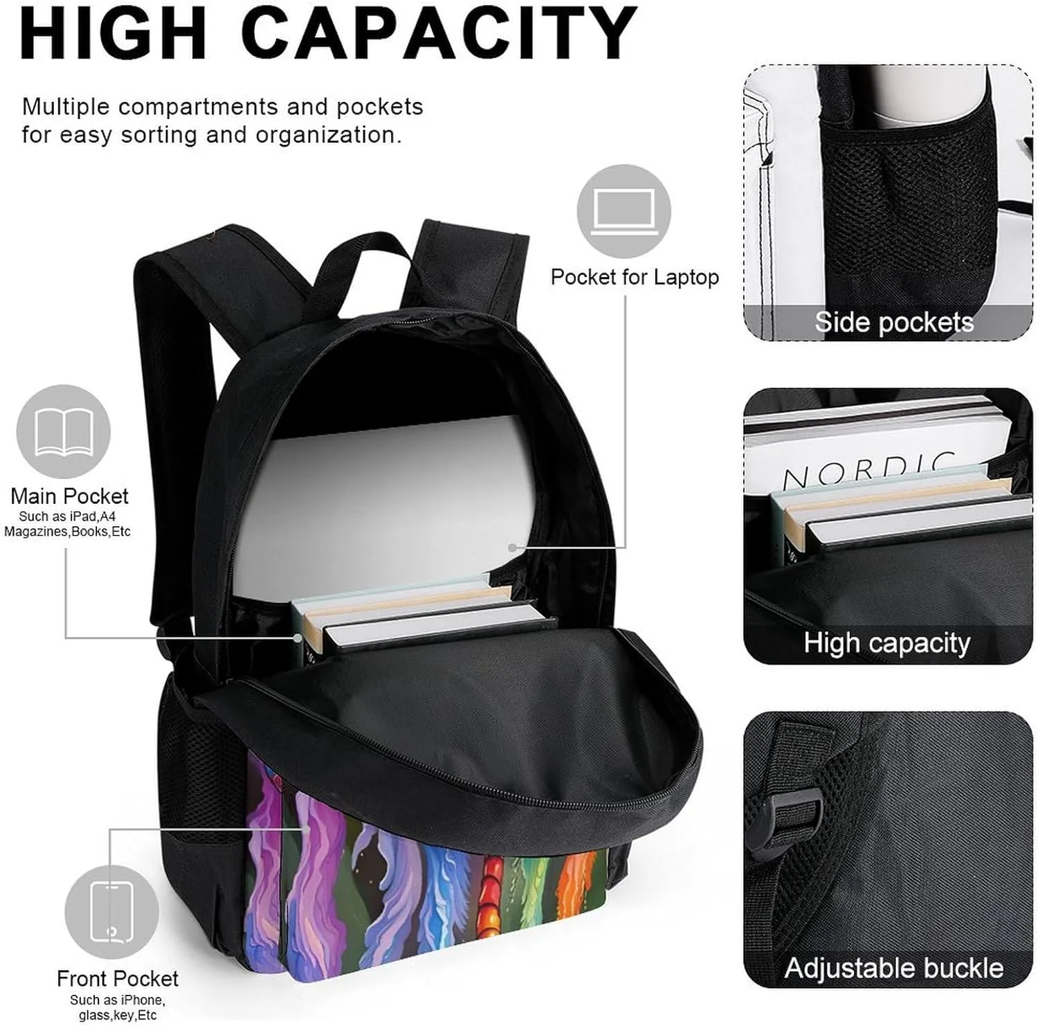 Supdreamc 3 Piece College Daypack, Large Capacity Daypack for Gym Travel Running, A Vibrant Dragonfly Colorful World Art Travel Hiking Backpack for Adults   Lunch Bag   Pencil Bag