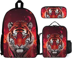 Supdreamc 3 Piece College Daypack, Large Capacity Daypack for Gym Travel Running, Wild And Angry Tiger Fire Flame Brave Mammal King Roar Art Travel Hiking Backpack for Adults   Lunch Bag   Pencil Bag