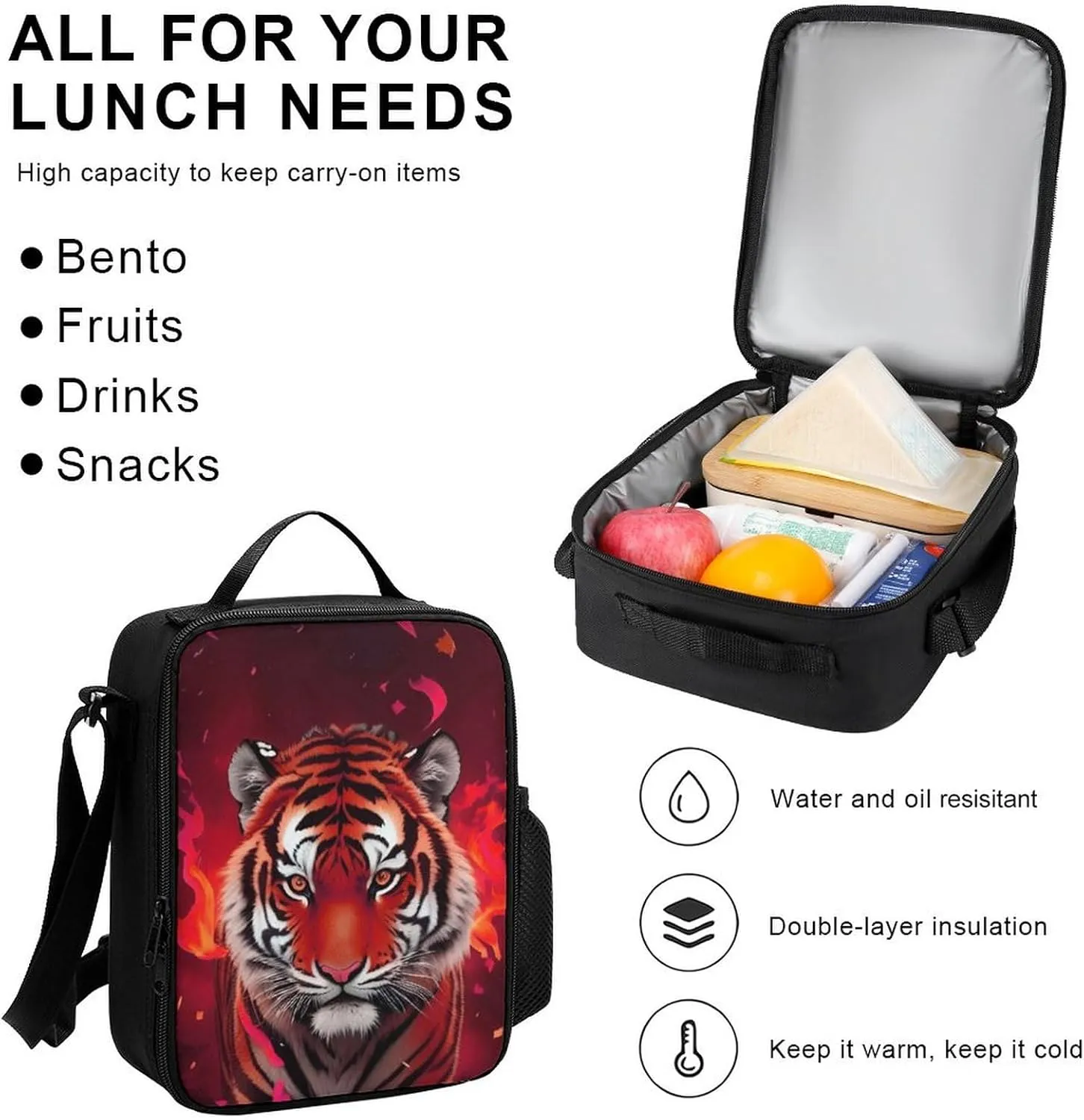 Supdreamc 3 Piece College Daypack, Large Capacity Daypack for Gym Travel Running, Wild And Angry Tiger Fire Flame Brave Mammal King Roar Art Travel Hiking Backpack for Adults   Lunch Bag   Pencil Bag