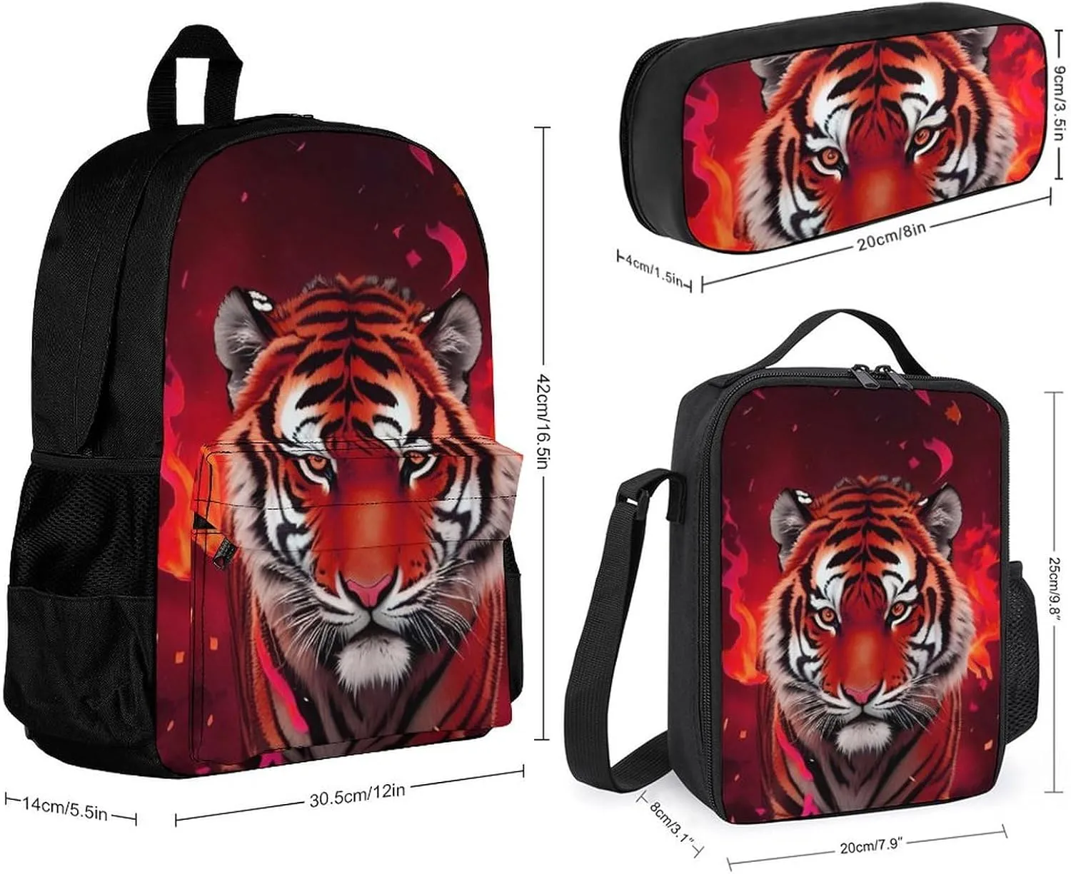 Supdreamc 3 Piece College Daypack, Large Capacity Daypack for Gym Travel Running, Wild And Angry Tiger Fire Flame Brave Mammal King Roar Art Travel Hiking Backpack for Adults   Lunch Bag   Pencil Bag