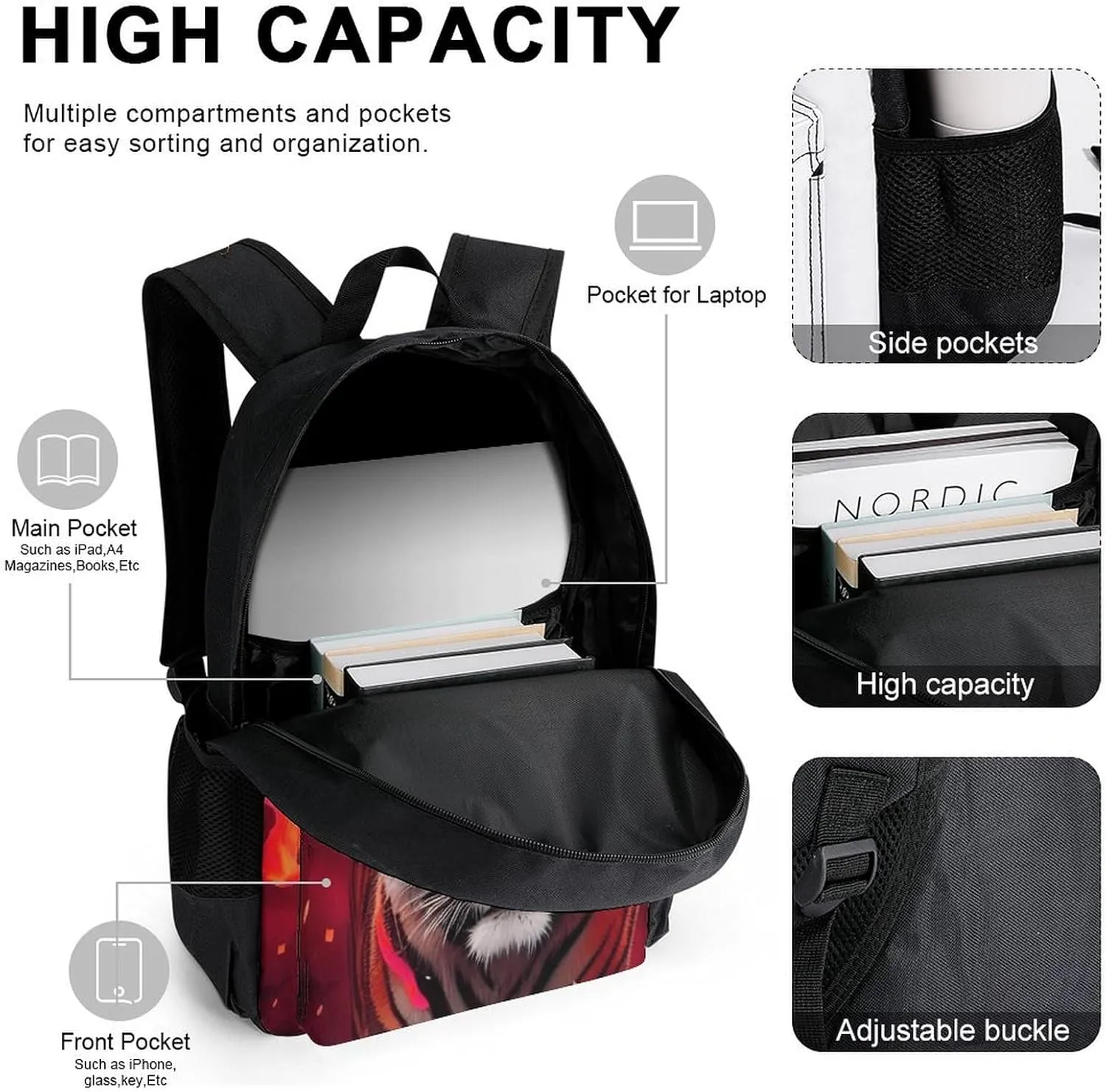 Supdreamc 3 Piece College Daypack, Large Capacity Daypack for Gym Travel Running, Wild And Angry Tiger Fire Flame Brave Mammal King Roar Art Travel Hiking Backpack for Adults   Lunch Bag   Pencil Bag