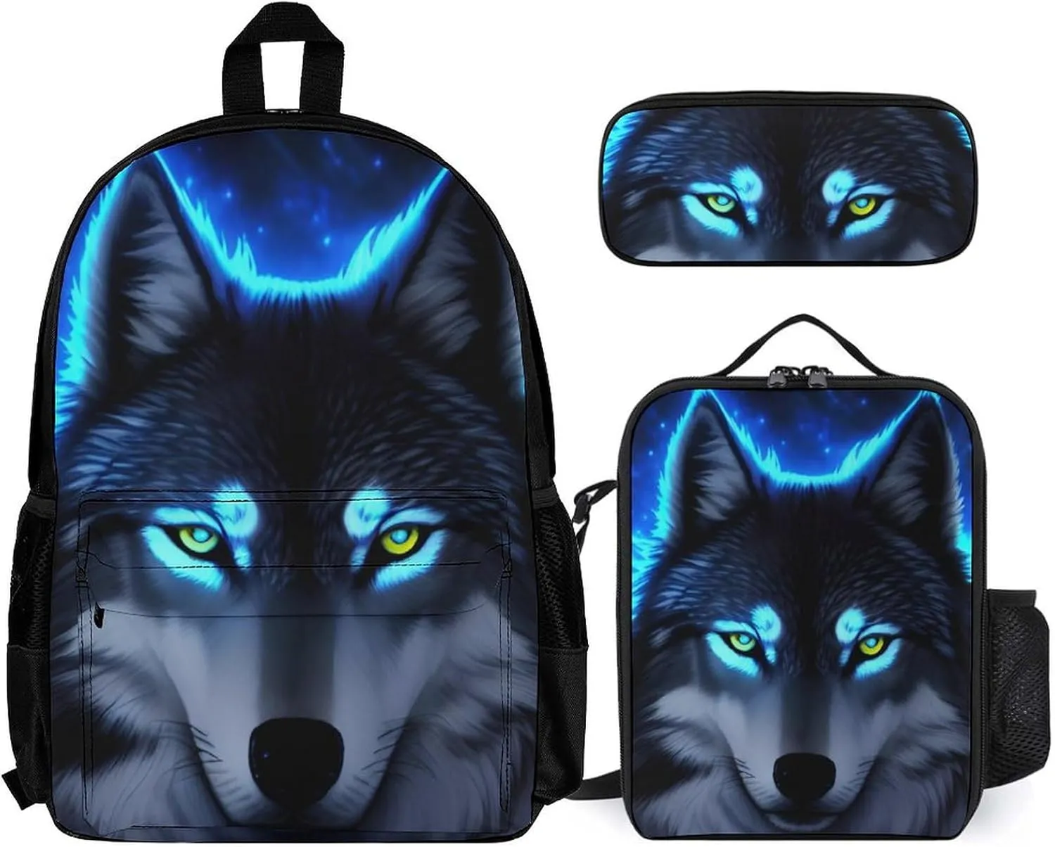 Supdreamc 3 Piece College Daypack, Large Capacity Daypack for Gym Travel Running, Wolf Blue Fire Art Travel Hiking Backpack for Adults   Lunch Bag   Pencil Bag