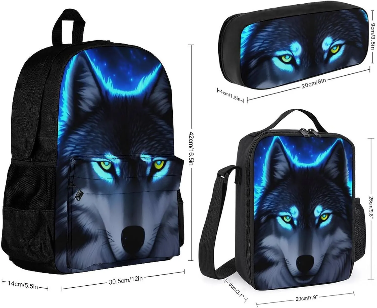Supdreamc 3 Piece College Daypack, Large Capacity Daypack for Gym Travel Running, Wolf Blue Fire Art Travel Hiking Backpack for Adults   Lunch Bag   Pencil Bag