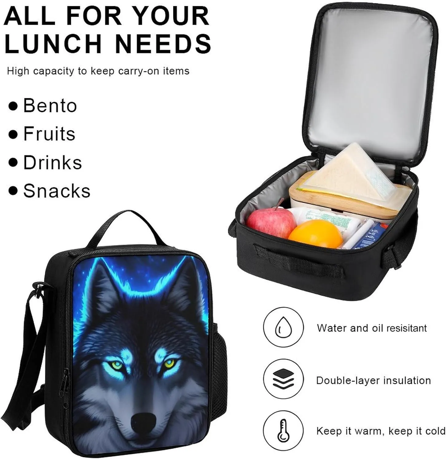 Supdreamc 3 Piece College Daypack, Large Capacity Daypack for Gym Travel Running, Wolf Blue Fire Art Travel Hiking Backpack for Adults   Lunch Bag   Pencil Bag