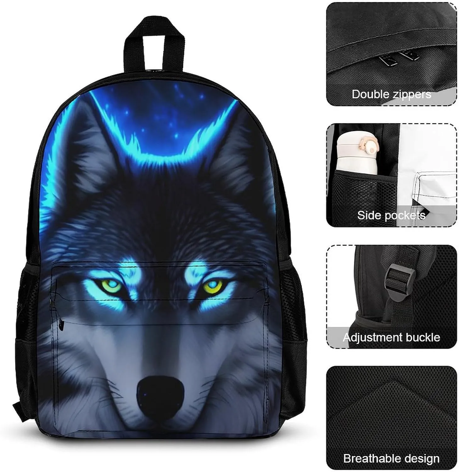 Supdreamc 3 Piece College Daypack, Large Capacity Daypack for Gym Travel Running, Wolf Blue Fire Art Travel Hiking Backpack for Adults   Lunch Bag   Pencil Bag