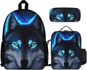 Supdreamc 3 Piece College Daypack, Large Capacity Daypack for Gym Travel Running, Wolf Blue Fire Art Travel Hiking Backpack for Adults   Lunch Bag   Pencil Bag