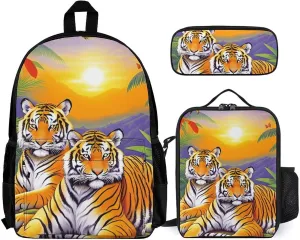 Supdreamc 3 Piece Daypack King Of The Tiger Tropical Rainforest Landscape Jungle Art Travel Hiking Bag & Day Pack - Big Capacity Multipurpose Bookbag Lunch Bag Pencil Case for Adult