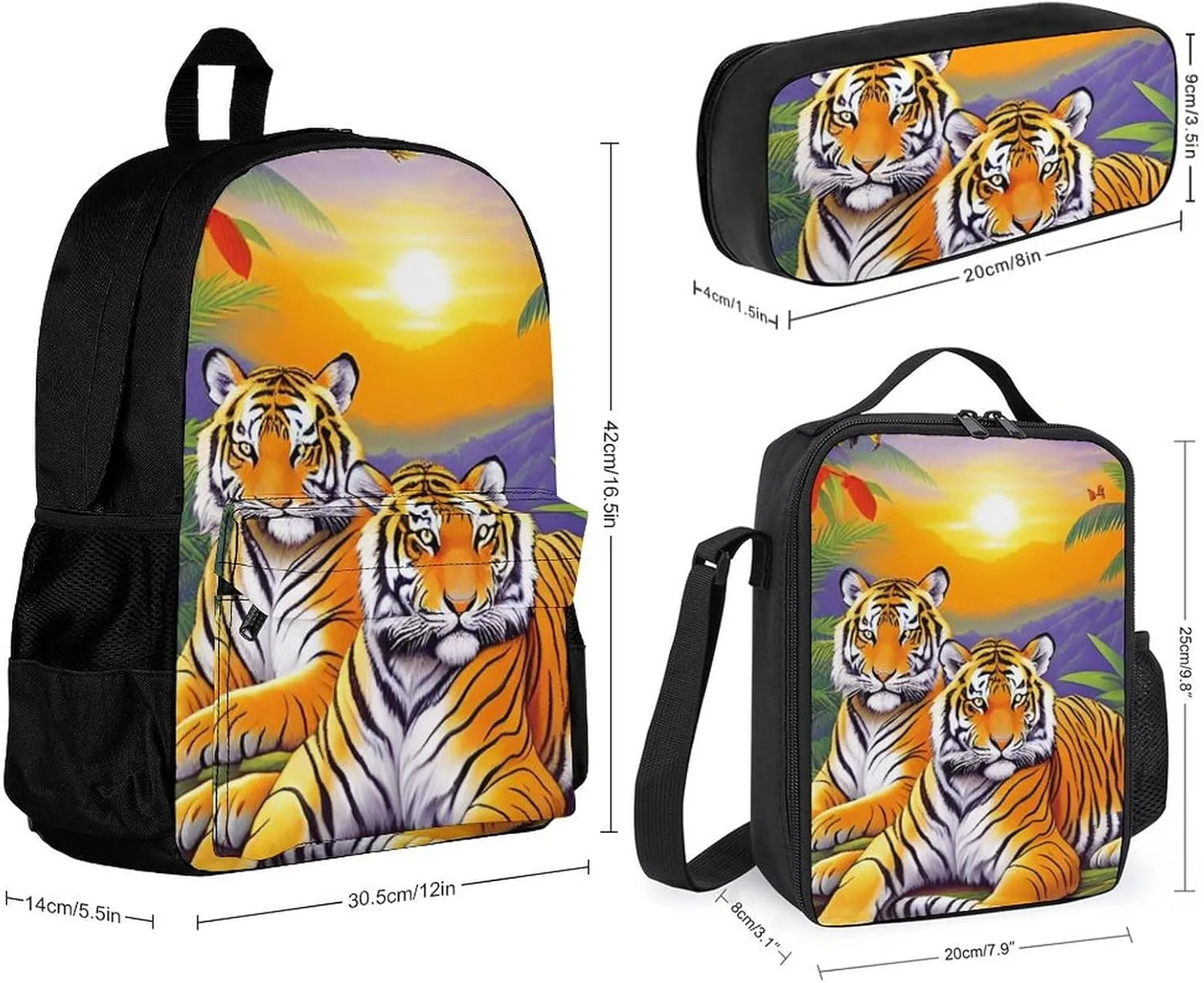 Supdreamc 3 Piece Daypack King Of The Tiger Tropical Rainforest Landscape Jungle Art Travel Hiking Bag & Day Pack - Big Capacity Multipurpose Bookbag Lunch Bag Pencil Case for Adult