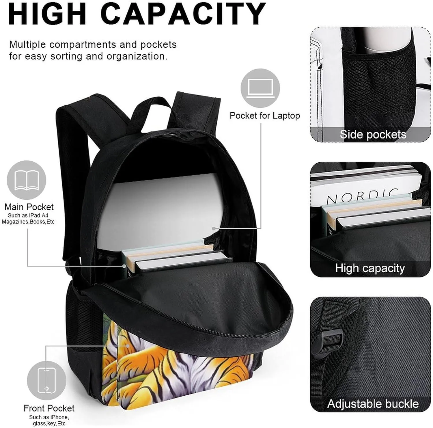 Supdreamc 3 Piece Daypack King Of The Tiger Tropical Rainforest Landscape Jungle Art Travel Hiking Bag & Day Pack - Big Capacity Multipurpose Bookbag Lunch Bag Pencil Case for Adult