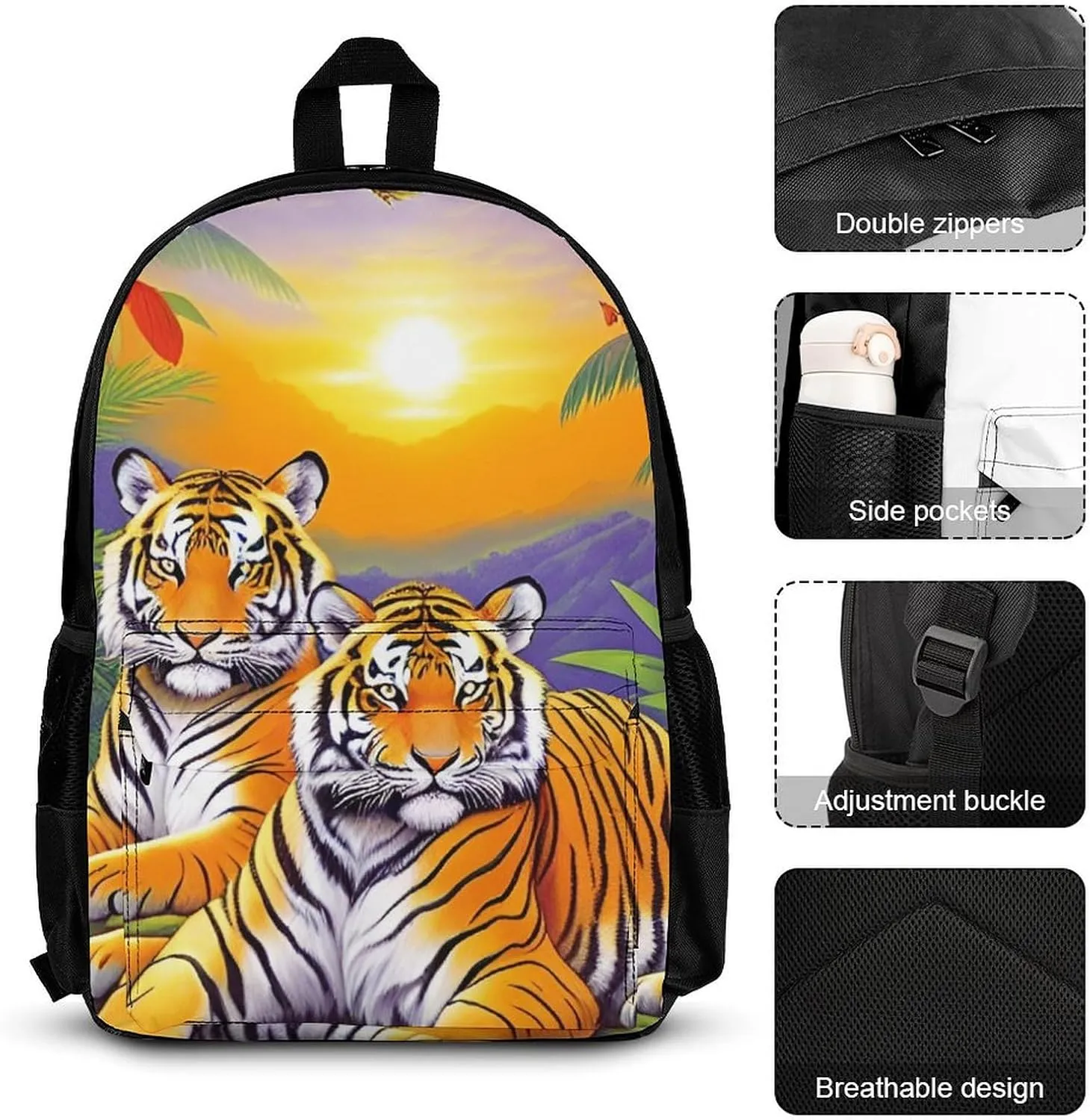 Supdreamc 3 Piece Daypack King Of The Tiger Tropical Rainforest Landscape Jungle Art Travel Hiking Bag & Day Pack - Big Capacity Multipurpose Bookbag Lunch Bag Pencil Case for Adult